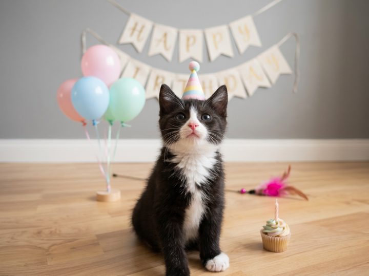 완성된 화보: 고깔모자를 쓰고 생일 파티 장식 앞에 앉은 고양이